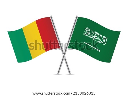 Guinea and Saudi Arabia crossed flags. Guinean and Saudi Arabian flags on white background. Vector icon set. Vector illustration.