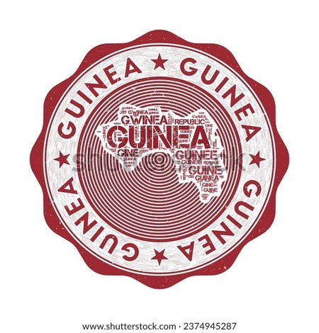 Guinea seal. Country round logo with shape of Guinea and country name in multiple languages word cloud. Authentic emblem. Beautiful vector illustration.