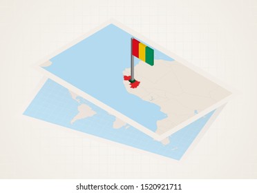 Guinea selected on map with 3D flag of Guinea. Vector paper map.