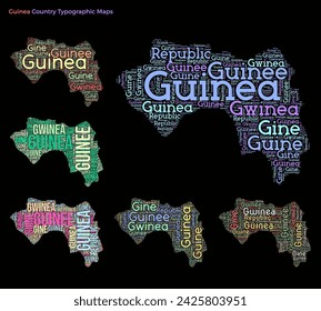 Guinea. Set of typography style country illustrations. Guinea map shape built of horizontal and vertical country names. Vector illustration.
