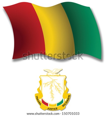 guinea shadowed textured wavy flag and coat of arms against white background, vector art illustration, image contains transparency transparency