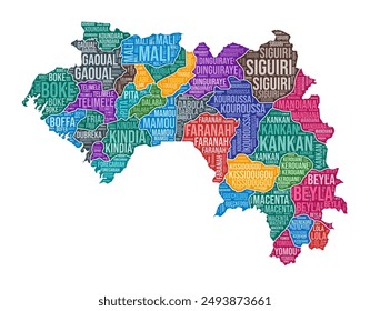 Guinea shape. Country word cloud with region division. Guinea colored illustration. Region names cloud. Vector illustration.