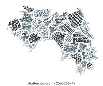 Guinea shape text cloud. Country border with shadow on white background. Guinea with regions division in vintage gazette style. Beautiful vector illustration.