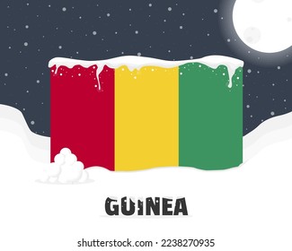 Guinea snowy weather concept, cold weather and snowfall, Guinea weather forecast winter banner idea, snow cap on flag with snowballs and moon, blizzard and adverse weather conditions