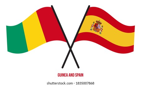 Guinea and Spain Flags Crossed And Waving Flat Style. Official Proportion. Correct Colors.
