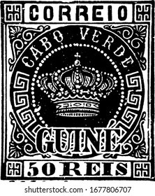 Guinea Stamp (50 reis) from 1879, a small adhesive piece of paper was stuck to something to show an amount of money paid, mainly a postage stamp, vintage line drawing or engraving illustration.