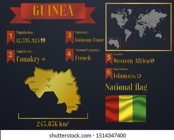 Guinea statistic data visualization, travel, tourism destination infographic, information. Graphic vector illustration. National flag, African country silhouette, world map icon business element