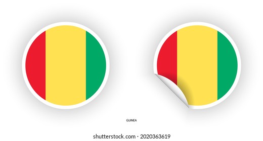 Guinea sticker flag icon set in circle shape and circle shape with peel off at the corner on white background.