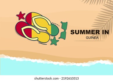 Guinea summer holiday vector banner, beach vacation concept, flip flops sunglasses starfish on sand, copy space area, Guinea summer travel and tourism idea with flag