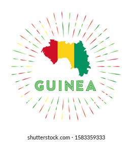 Guinea sunburst badge. The country sign with map of Guinea with Guinean flag. Colorful rays around the logo. Vector illustration.