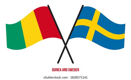 Guinea and Sweden Flags Crossed And Waving Flat Style. Official Proportion. Correct Colors.