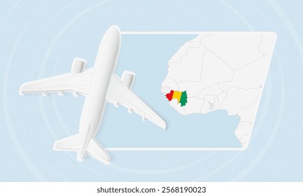 Guinea Travel Illustration with Plane and National Flag. Ideal for travel agencies, promotional materials, or geographic content related to Guinea.