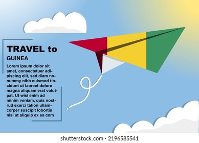 Guinea travel vector banner with paper flag and text space, Guinea country flag on paper plane, holiday and vacation concept, summer travel template and pattern, flight ticket idea