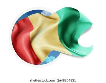 Guinea, vector 3d flag against a blue sky, through a round hole on a white background