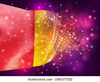 Guinea, bandera vectorial 3d sobre fondo púrpura rosa con iluminación y bengalas