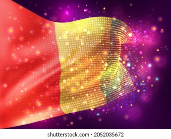 Guinea, vector 3d flag on pink purple background with lighting and flares