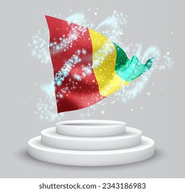 Guinea, vector 3d flag on the podium surrounded by a whirlwind of magical radiance