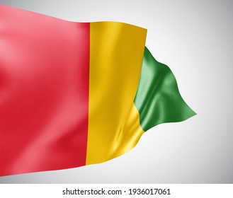Guinea, vector flag with waves and bends waving in the wind on a white background.