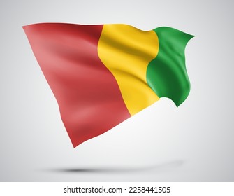 Guinea, vector flag with waves and bends waving in the wind on a white background