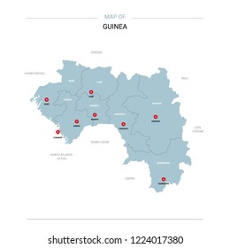 Guinea vector map. Editable template with regions, cities, red pins and blue surface on white background.