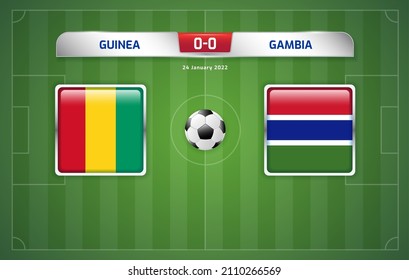 Guinea vs Gambia scoreboard broadcast template for sport soccer africa tournament 2021 Round of 16 and football championship in cameroon vector illustration