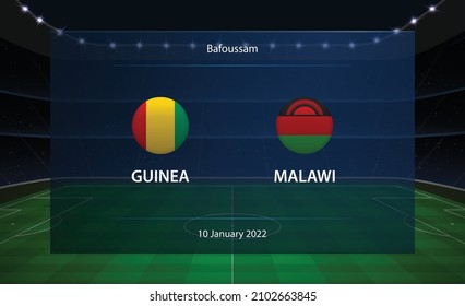 Guinea vs Malawi football scoreboard. Broadcast graphic soccer template with the text Bafoussam is a city in Cameroon, with the date and name of the teams
