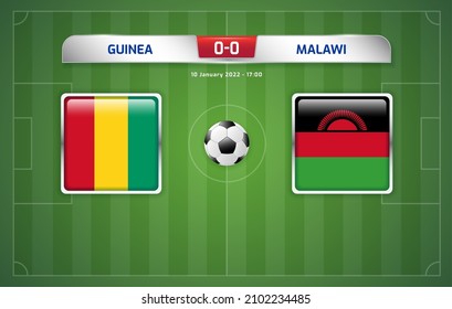 Guinea vs Malawi scoreboard broadcast template for sport soccer africa tournament 2021 Group B and football championship in cameroon vector illustration