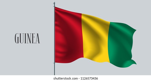 Guinea waving flag on flagpole vector illustration. Yellow red element of Guinee wavy realistic flag as a symbol of country 