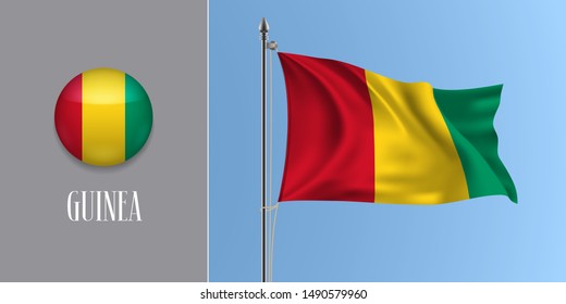 Guinea waving flag on flagpole and round icon vector illustration. Realistic 3d mockup with design of Guinean flag and circle button 