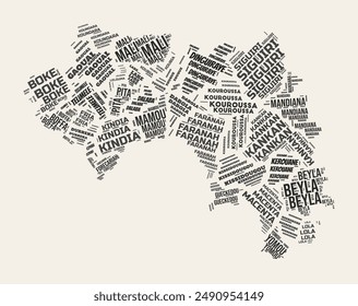 Guinea Word Cloud. Country with regions division. Guinea typographic text clouds vector image design. Vintage gazette style country shape image. Beautiful vector illustration.