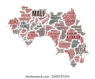 Guinea Word Cloud. Country shape with region division. Guinea typography style image. Region names tag clouds. Vector illustration.