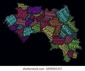 Guinea Word Cloud. Region names of the country in French language. Bright neon style design on dark background. Guinea shape with administrative division. Beautiful vector illustration.
