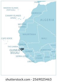 Guinea-Bissau - blue map with neighboring countries and names. Vector illustration