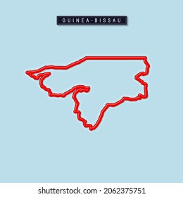 Guinea-Bissau bold outline map. Glossy red border with soft shadow. Country name plate. 3D vector illustration.