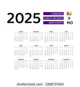 Guinea-Bissau calendar 2025. Week starts from Monday. Vector graphic design. Portuguese language.