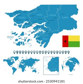 Guinea-Bissau - detailed blue country map with cities, regions. Location on world map and globe. Infographic icons. Vector illustration.