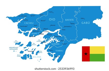 Guinea-Bissau - Mapa detallado de Country azul con ciudades y regiones. Bandera Nacional. Ilustración vectorial.