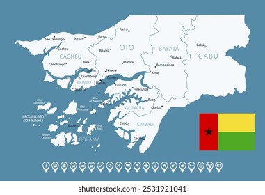 Guinea-Bissau - detailed country map with cities and regions. Infographic icons. Vector illustration.