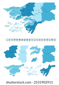 Guinea-Bissau - detailed map of the country in blue colors, divided into regions. Infographic icons. Vector illustration.