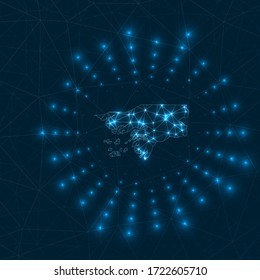 Mapa digital de Guinea-Bissau. Rayos brillantes irradiando desde el país. Conexiones de red y diseño de telecomunicaciones. Ilustración vectorial.