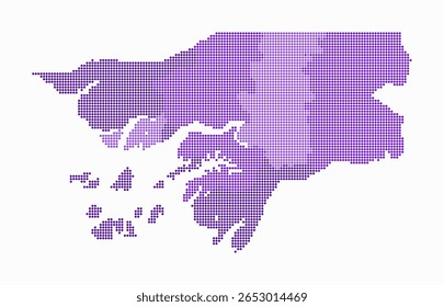 Mapa pontilhado de Guiné-Bissau. Mapa de estilo digital do país sobre fundo branco. Guiné-Bissau forma com pontos circulares. Estilo de pontos coloridos. Círculos de tamanho pequeno. Incrível ilustração vetorial.