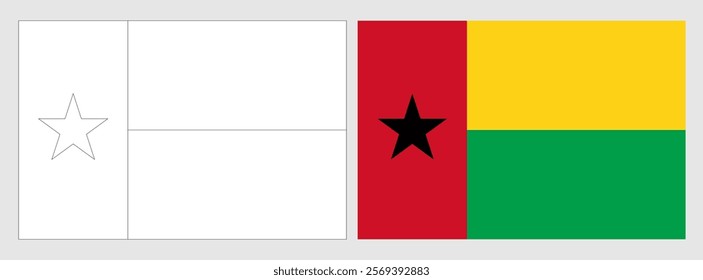 Guinea-Bissau flag - coloring page. Set of white wireframe thin black outline flag and original colored flag.