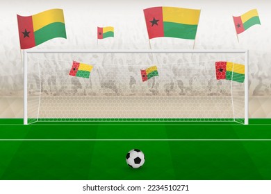 Guinea-Bissau football team fans with flags of Guinea-Bissau cheering on stadium, penalty kick concept in a soccer match. Sports vector illustration.