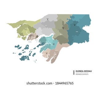 Hochdetaillierte Karte Guinea-Bissaus mit Unterteilungen. Verwaltungskarte von Guinea-Bissau mit dem Namen der Bezirke und Städte, farbig nach Staaten und Verwaltungsbezirken. Vektorgrafik 