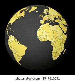Guinea-Bissau highlighted on a dark globe with a yellow world map. Satellite world projection centered on Guinea-Bissau. Radiant vector illustration.