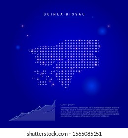 Guinea-Bissau illuminated map with glowing dots. Infographics elements. Dark blue space background. Vector illustration. Growing chart, lorem ipsum text.