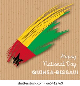 Guinea-Bissau Independence Day Patriotic Design. Expressive Brush Stroke in National Flag Colors on kraft paper background. Happy Independence Day Guinea-Bissau Vector Greeting Card.