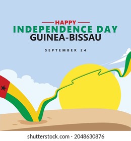 Guinea-Bissau independence day vector illustration with a long flag within sand desert scenery background.