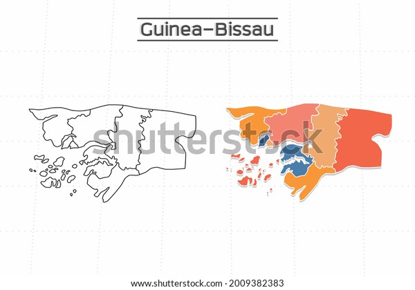 Guinea-Bissau map city\
vector divided by colorful outline simplicity style. Have 2\
versions, black thin line version and colorful version. Both map\
were on the white\
background.