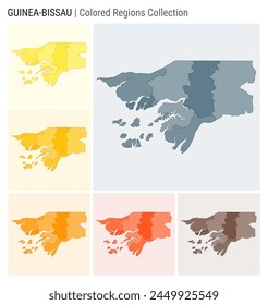 Guinea-Bissau map collection. Country shape with colored regions. Blue Grey, Yellow, Amber, Orange, Deep Orange, Brown color palettes. Border of Guinea-Bissau with provinces for your infographic.